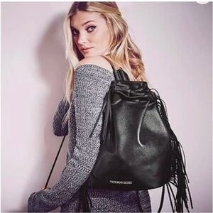 Victoria’s Secret Black Faux Leather Fringe Backpack
